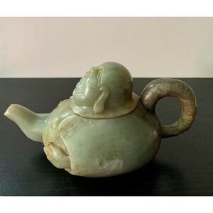Antique Chinese Natural Jadeite Carved Teapot Smiling Buddha 1.52 Lbs